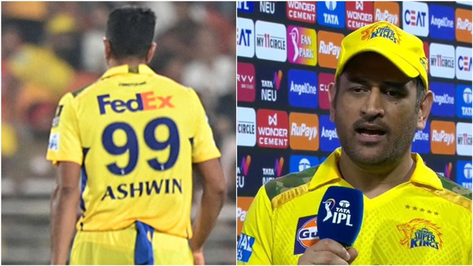 'He was bowling 2 overs in...': MS Dhoni explains why he dropped R Ashwin from playing XII for LSG match R Ashwin during IPL 2025; MS Dhoni in the post-match presentation.