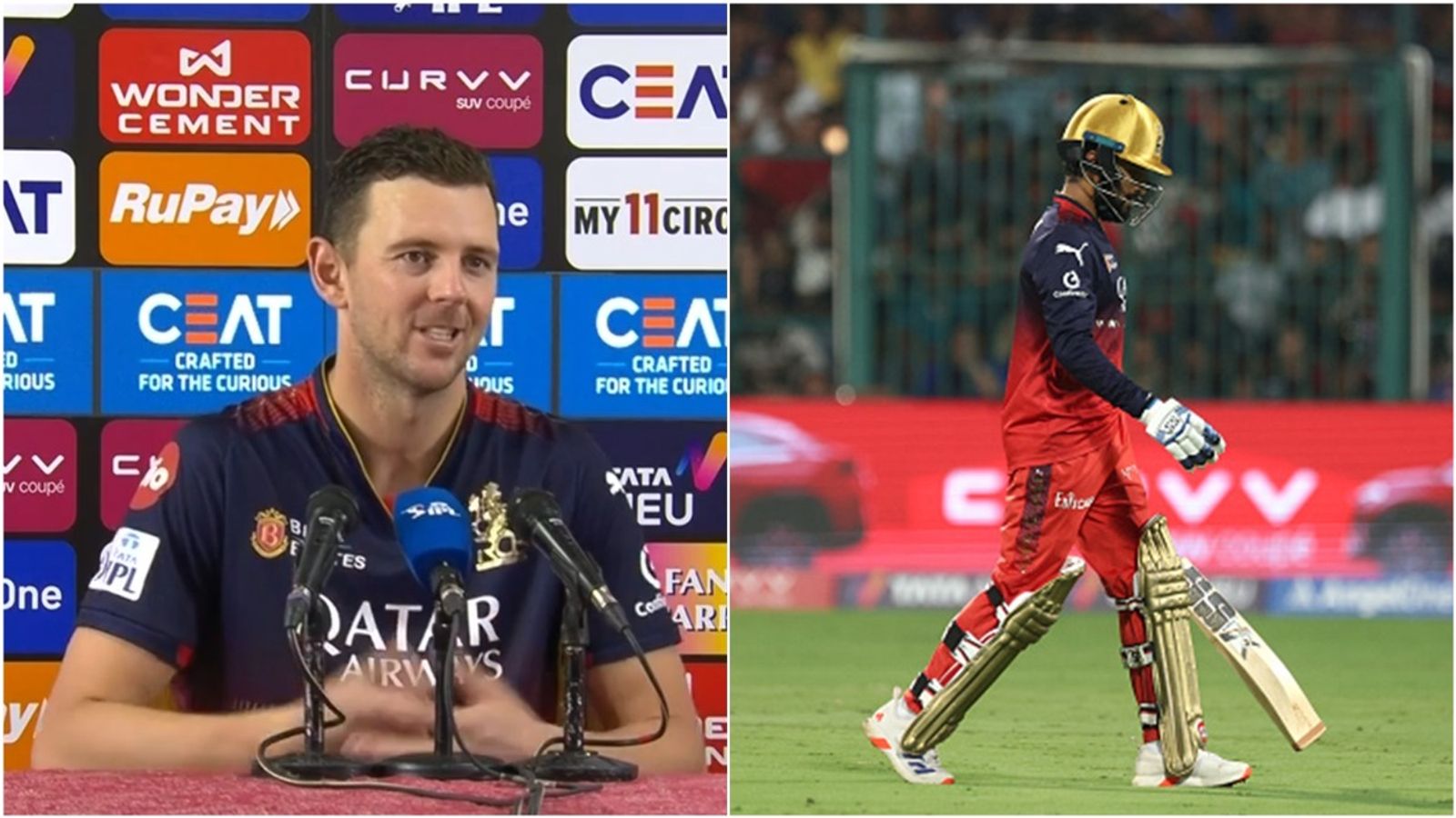 'It's not a typical Chinnaswamy wicket': Josh Hazlewood's clear message to RCB batters after they lost 7 wickets for 42 runs at home RCB's Josh Hazlewood in the post-match press conference; RCB captain Rajat Patidar after losing his wicket.
