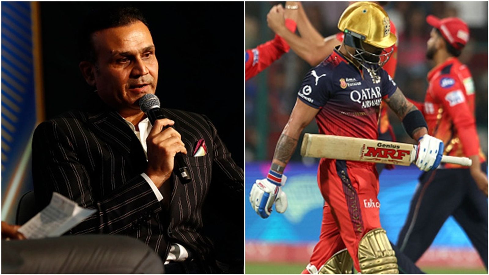 'At least one batter should've used common sense': Virender Sehwag slams RCB batters for losing 7 wickets for 42 runs vs Punjab Kings Former India opener Virender Sehwag speaking at an event; RCB's Virat Kohli after losing his wicket against PBKS.