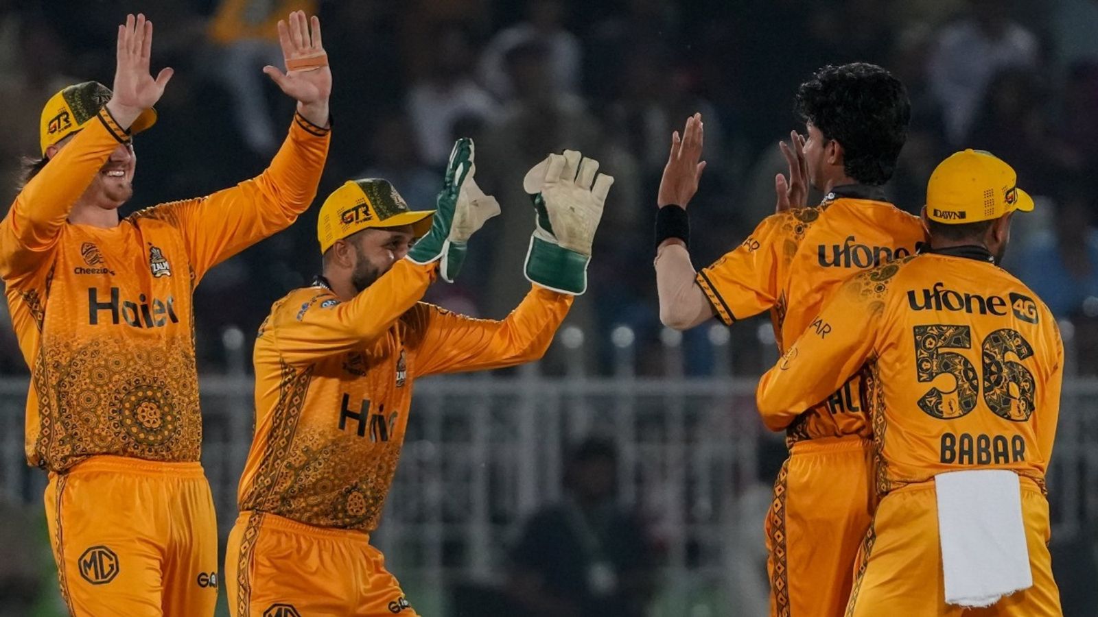 Babar Azam fails but Peshawar Zalmi beat Mohammad Rizwan's Multan Sultans by 120 runs as 17-year-old wreaks havoc with four-fer Peshawar Zalmi's Ali Raza celerates a wicket with captain Babar Azam and teammates against Multan Sultans.