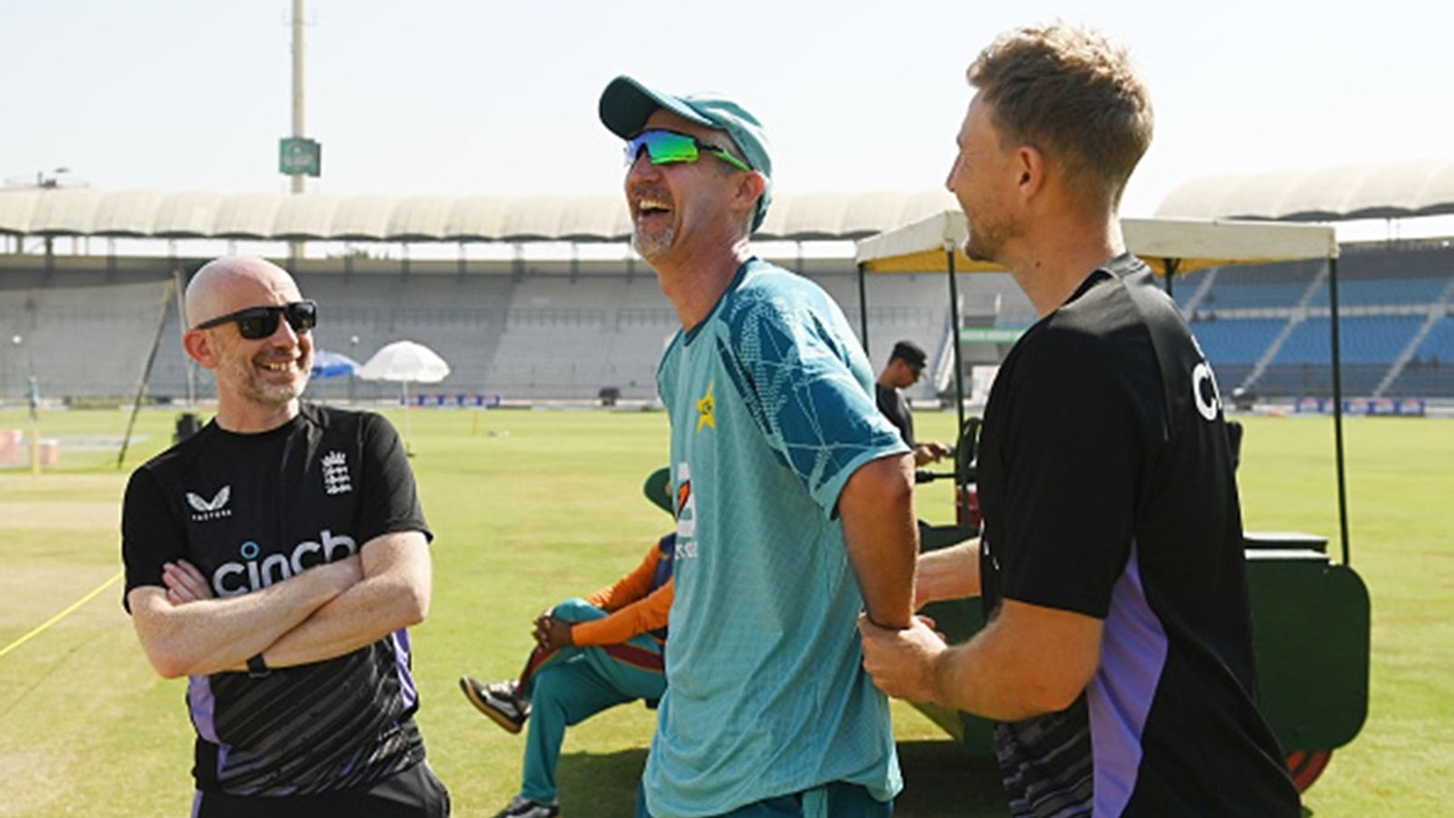 PCB reacts to Jason Gillespie's non-payment accusations, says 'he is the one who owes PCB four months' salary' Danny Reuben (L) and Joe Root of England talk to Jason Gillespie of Pakistan before the second Test against Pakistan at Multan Cricket Stadium on October 14, 2024 in Multan, Pakistan.