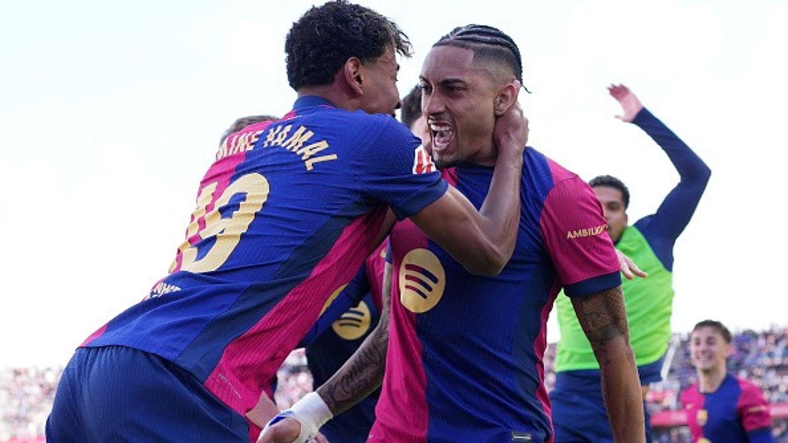 Barcelona vs Mallorca Live Streaming: How to watch the La Liga game in India, USA, UK, Spain, Saudi Arabia, and Australia? Raphinha of FC Barcelona celebrates scoring his team's fourth goal with teammate Lamine Yamal.