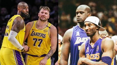 LeBron James and Luka Doncic Match Shaq-Kobe Feat with 20-Point Playoff Half for Lakers LeBron Jame Luka Doncic, Shaquille O Neal and Kobe Bryant in the frame