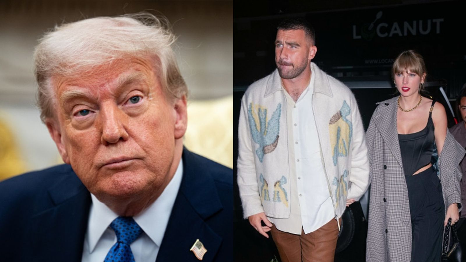 POTUS Donald Trump reignites feud with Taylor Swift, sparking fresh outrage from Travis Kelce Donald Trump, Travis Kelce and Taylor Swift in the frame (via Getty)
