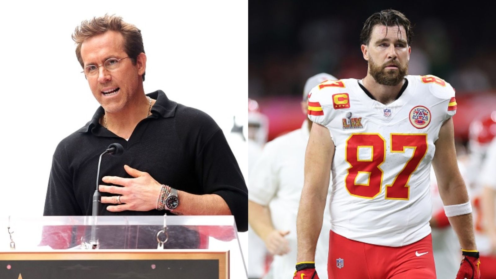 Ryan Reynolds' shocking response after being quizzed on Travis Kelce unfollowing him amid Swift-Lively beef Ryan Reynolds and Travis Kelce in the frame (via Getty)