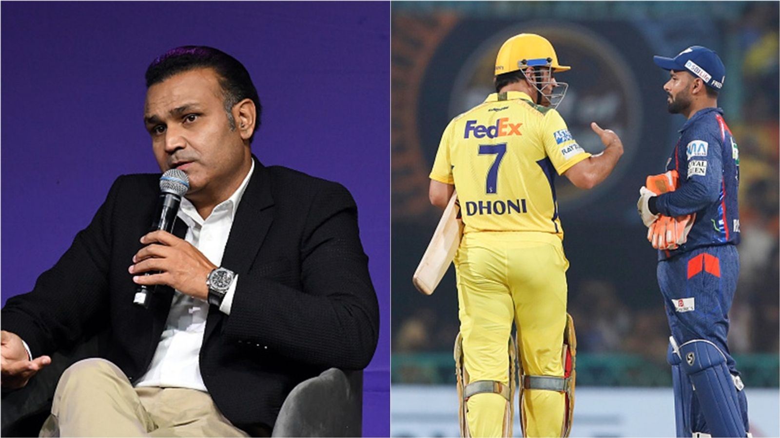'If he considers Dhoni as his role model, then he should talk to him': Virender Sehwag's advice to under-confident Rishabh Pant amidst poor season Virender Sehwag speaks at an event; CSK's MS Dhoni and LSG's Rishabh Pant talk to each other after the game.