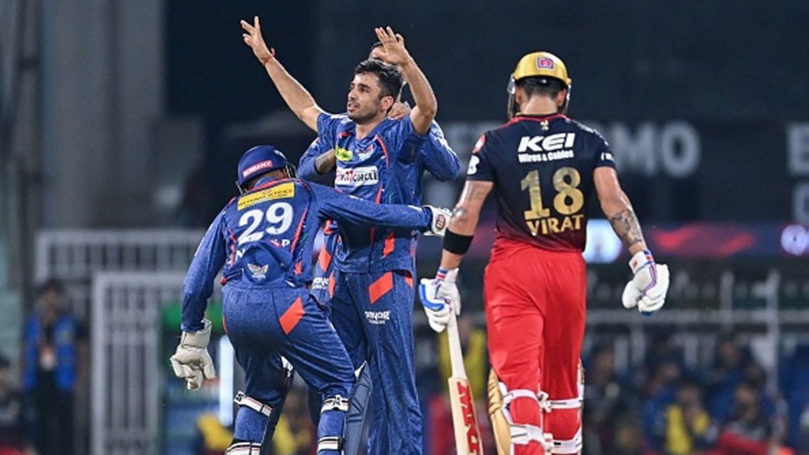 Will LSG vs RCB clash in Lucknow go ahead amidst India-Pakistan military clash? IPL chairman gives crucial update Lucknow Super Giants' Ravi Bishnoi (C) celebrates with teammates after taking the wicket of Royal Challengers Bangalore's Virat Kohli (R) during the Indian Premier League (IPL) match at the Ekana Cricket Stadium in Lucknow on May 1, 2023.