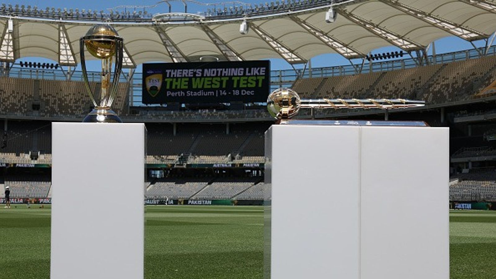 India expresses their intention to bid for 2027 WTC Final: Report The One Day International World Cup and World Test Championship mace is displayed during an Australian nets session at Optus Stadium on December 13, 2023 in Perth, Australia.