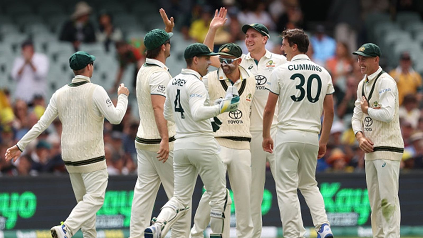 Cricket Australia announces 15-member squad for WTC 2025 final including 2 spinners, Mitchell Marsh misses out as star all-rounder returns Cameron Green and Pat Cummins of Australia celebrate the wicket of Tagenarine Chanderpaul of the West Indies during the Test match at Adelaide Oval on January 17, 2024 in Adelaide, Australia.