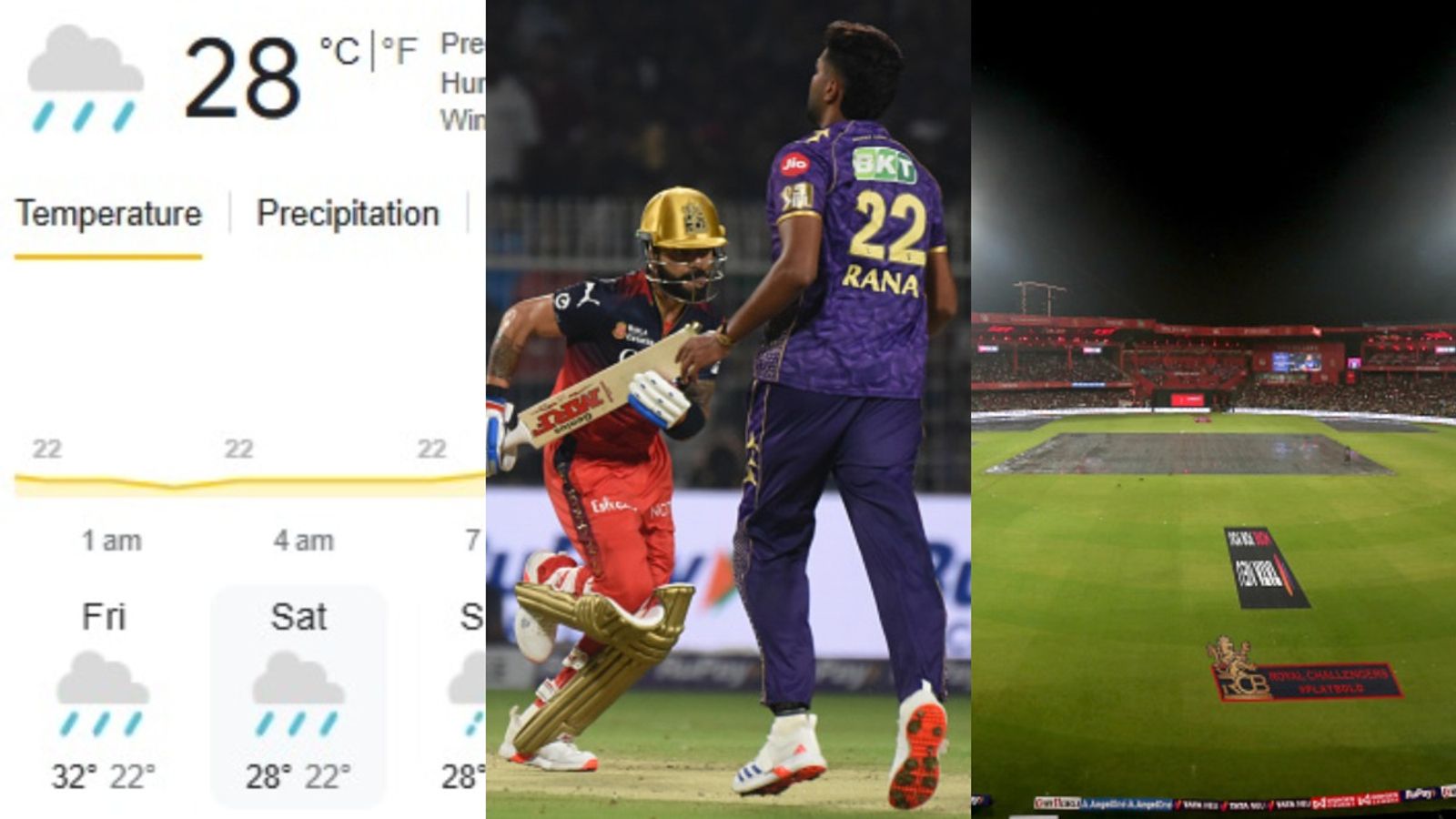 IPL 2025: Rain likely to play spoilsport in Bengaluru during RCB vs KKR clash, check weather report In Pic: M. Chinnaswamy Stadium, Virat Kohli and Harshit Rana