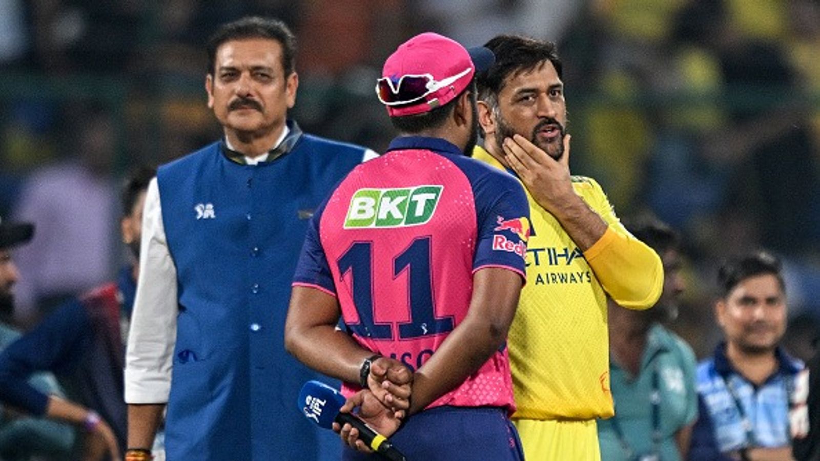 'Once we were out of the tournament...': MS Dhoni ends suspense over retirement rumours MS Dhoni (R) speaks with his Rajasthan Royals' counterpart Sanju Samson (C) during the toss before the start of the Indian Premier League (IPL) Twenty20 cricket match between Chennai Super Kings and Rajasthan Royals