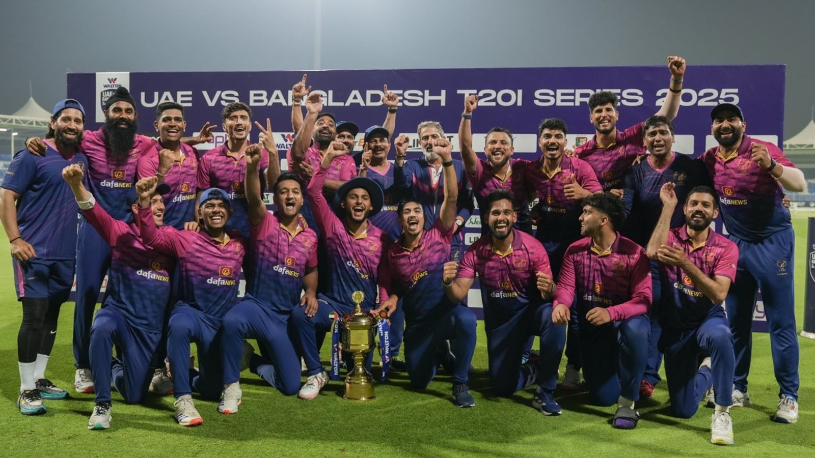 15th-ranked UAE stun Bangladesh again, register first-ever T20I series win as visitors struggle in Mustafizur's absence UAE players celebrate their T20I series win over Bangladesh at home.