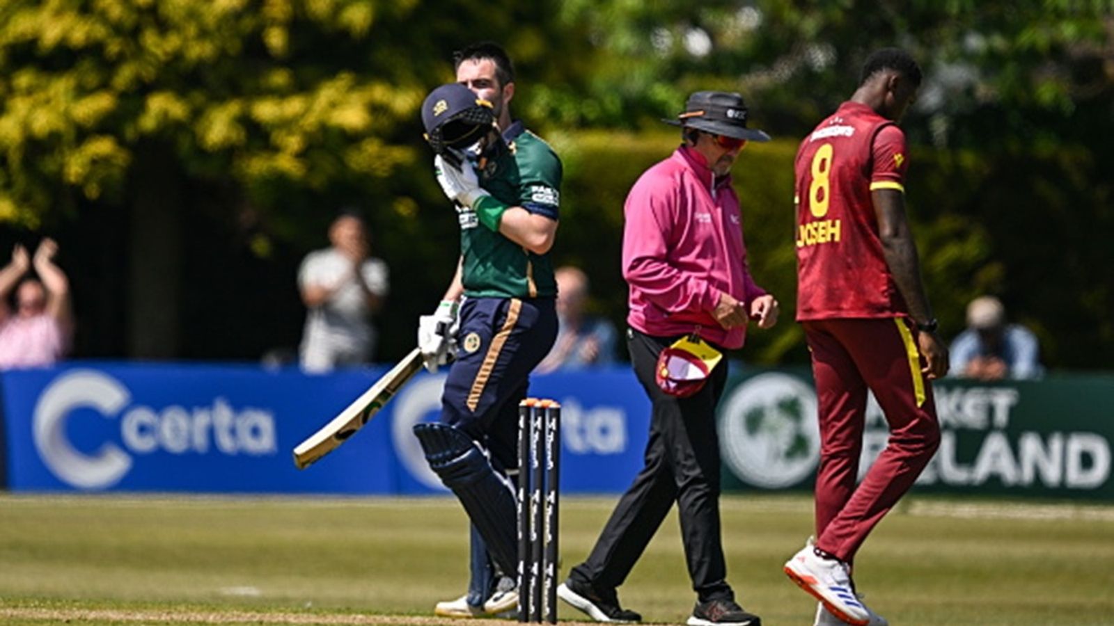 Ireland beat West Indies in 3rd consecutive ODI, bowl out Hope's men for 179 after Balbirnie's ton Ireland batter Andrew Balbirnie, left, celebrates after bringing up his century during the first match of the ODI series against West Indies at Clontarf Cricket Club in Dublin.