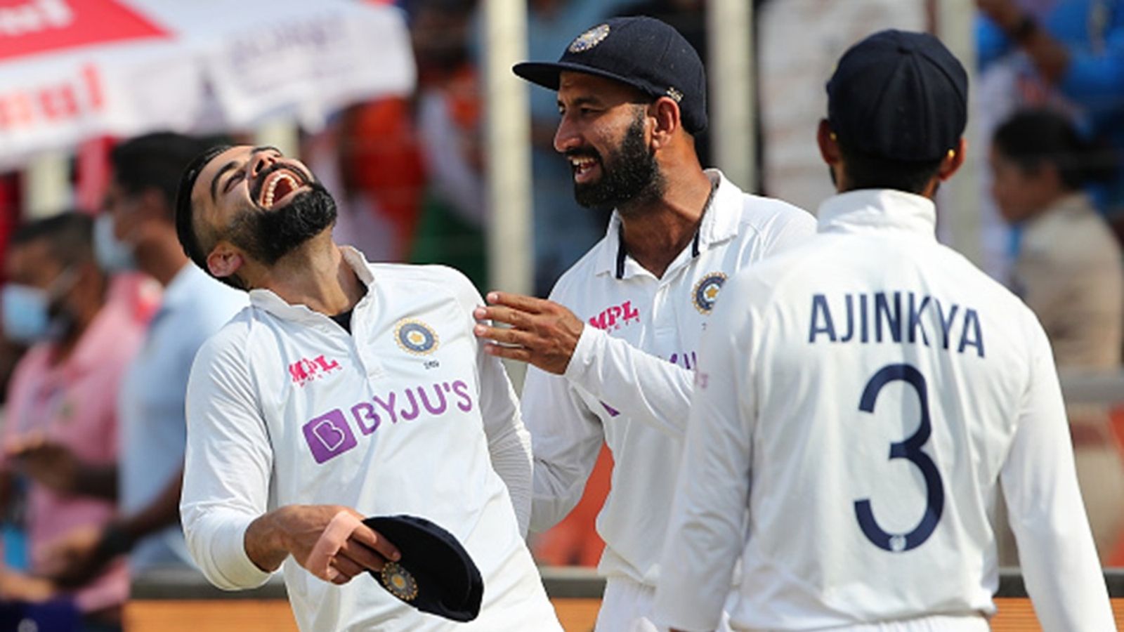 'People have been criticising him in the past as he wasn't batting at a strike rate of 140-50': Cheteshwar Pujara feels Virat Kohli has answered critics Virat Kohli, Cheteshwar Pujara and Ajinkya Rahane of India celebrate victory after Day 3 of the 4th Test against England at the Narendra Modi Stadium on March 06, 2021 in Ahmedabad, India.