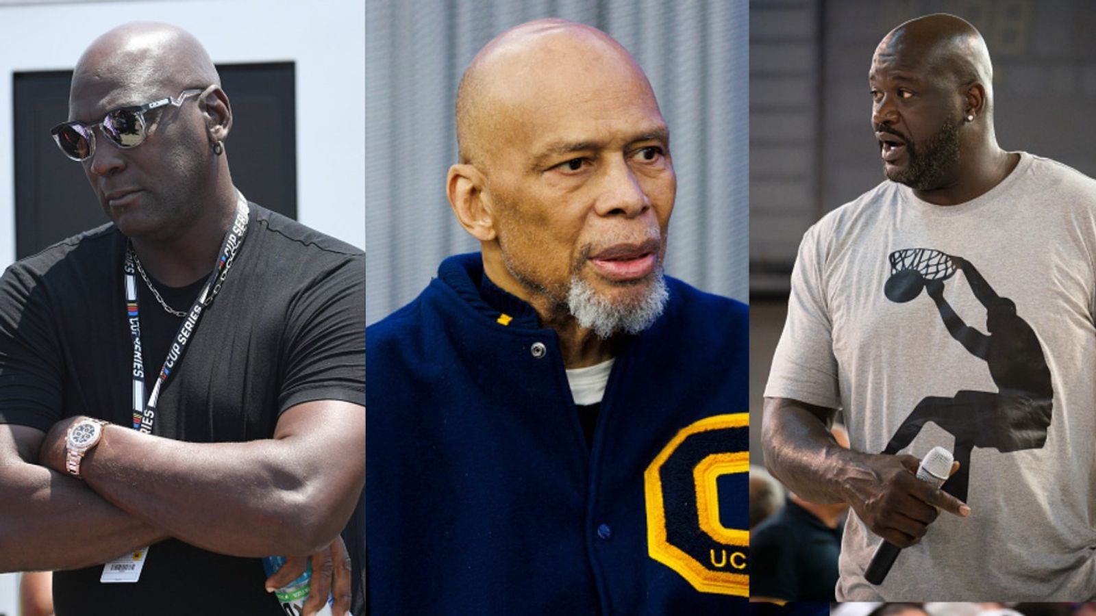 3 NBA legends who won MVP, Championship & Scoring Title in one season Michael Jordan, Lew Alcindor and Shaquille O'Neal in the frame