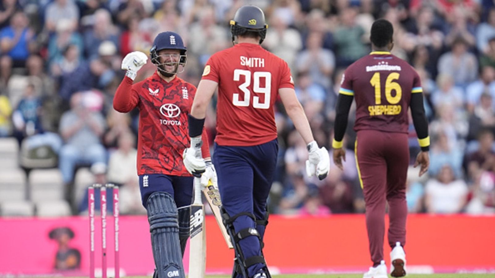 England post their highest T20I total at home, beat West Indies by 37 runs to complete cleansweep under Harry Brook's leadership England's Ben Duckett (left) celebrates with Jamie Smith after hitting a six during the third T20I against West Indies at the Utilita Bowl, Southampton.