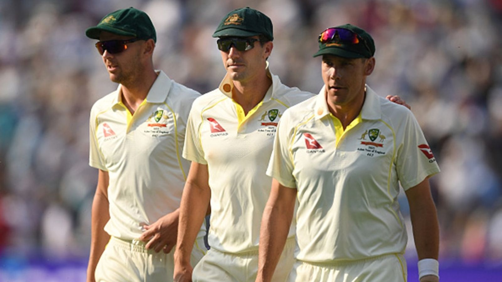'The message to Scott is this isn't...': Pat Cummins on harsh call to leave WTC 2023 final hero out of playing XI for South Africa clash Josh Hazlewood, Pat Cummins and Scott Boland of Australia leave the field during day one of the first Ashes Test against England at Edgbaston on June 16, 2023 in Birmingham, England.