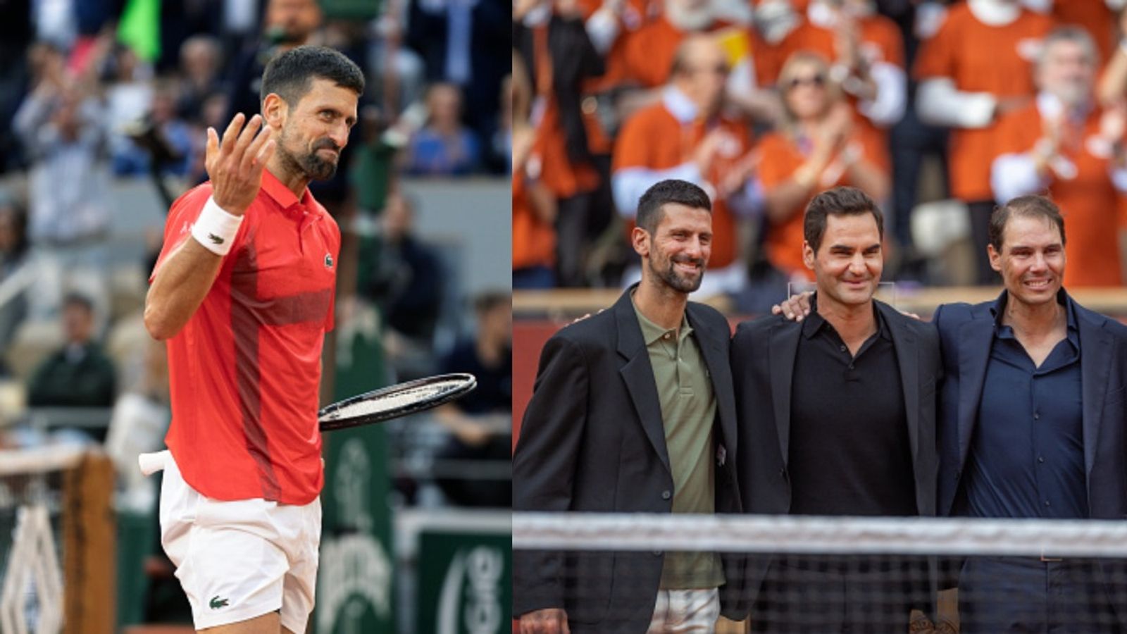 Novak Djokovic weighs in between Roger Federer and Rafael Nadal, reveals who truly dominated Novak Djokovic, Roger Federer, and Rafael Nadal captured during French Open 2025 (Images via Getty)