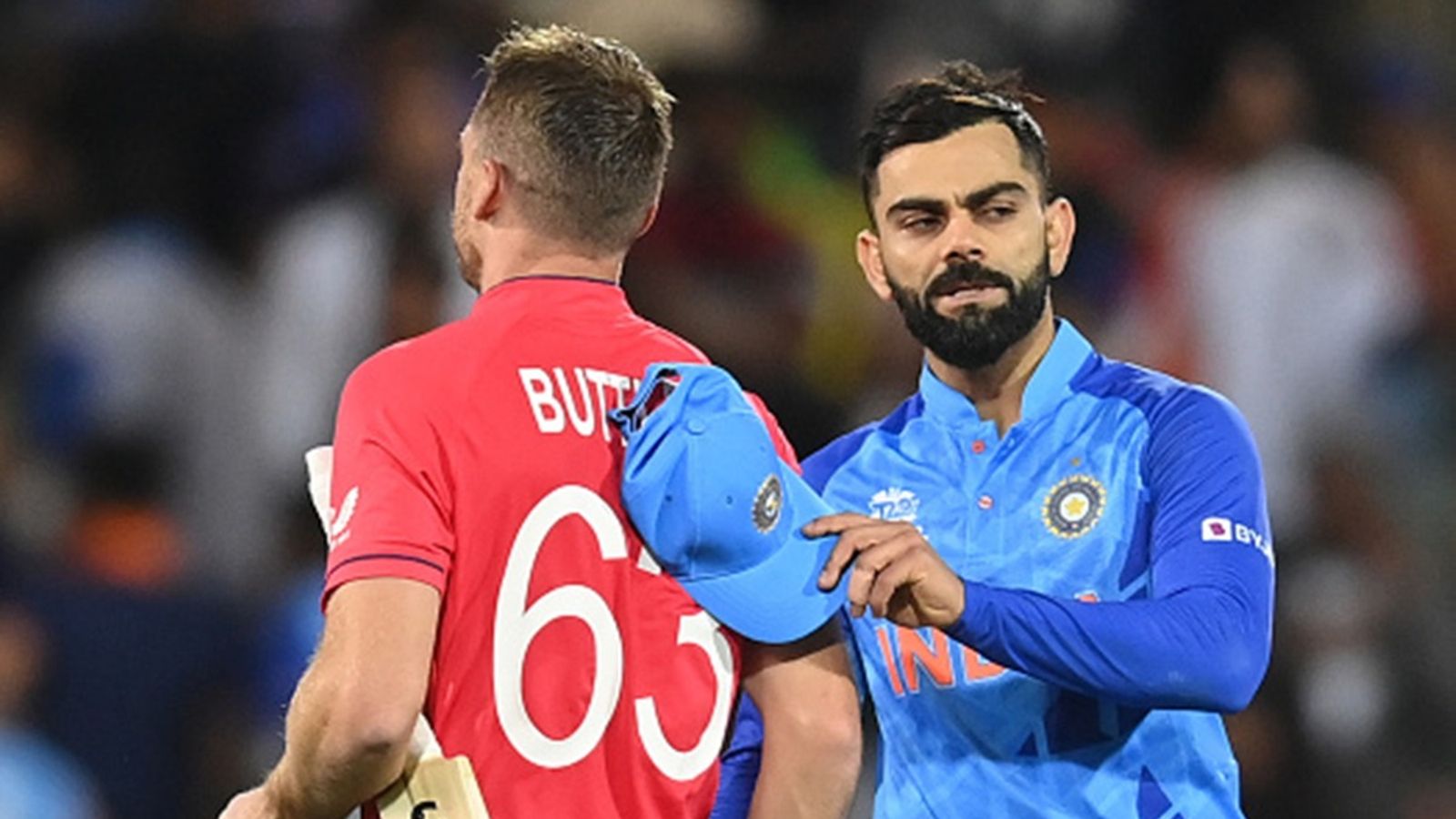 'Sometimes I pick up my bat and I feel like I don't how to play': Jos Buttler reveals conversation with Virat Kohli during IPL 2023 Jos Buttler is congratulated by Virat Kohli after England won the ICC Men's T20 World Cup Semi Final match by ten wickets at Adelaide Oval on November 10, 2022 in Adelaide, Australia.