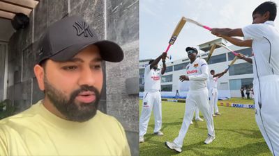 'It is something which has not been achieved by many people...': Rohit Sharma's video of giving tribute to Angelo Mathews for his farewell Test goes viral In Picture: Rohit Sharma and Angelo Mathews (C) of Sri Lanka walks under bats for his last Test match during day one the First Test match in the series between Sri Lanka and Bangladesh at Galle International Stadium on June 17.