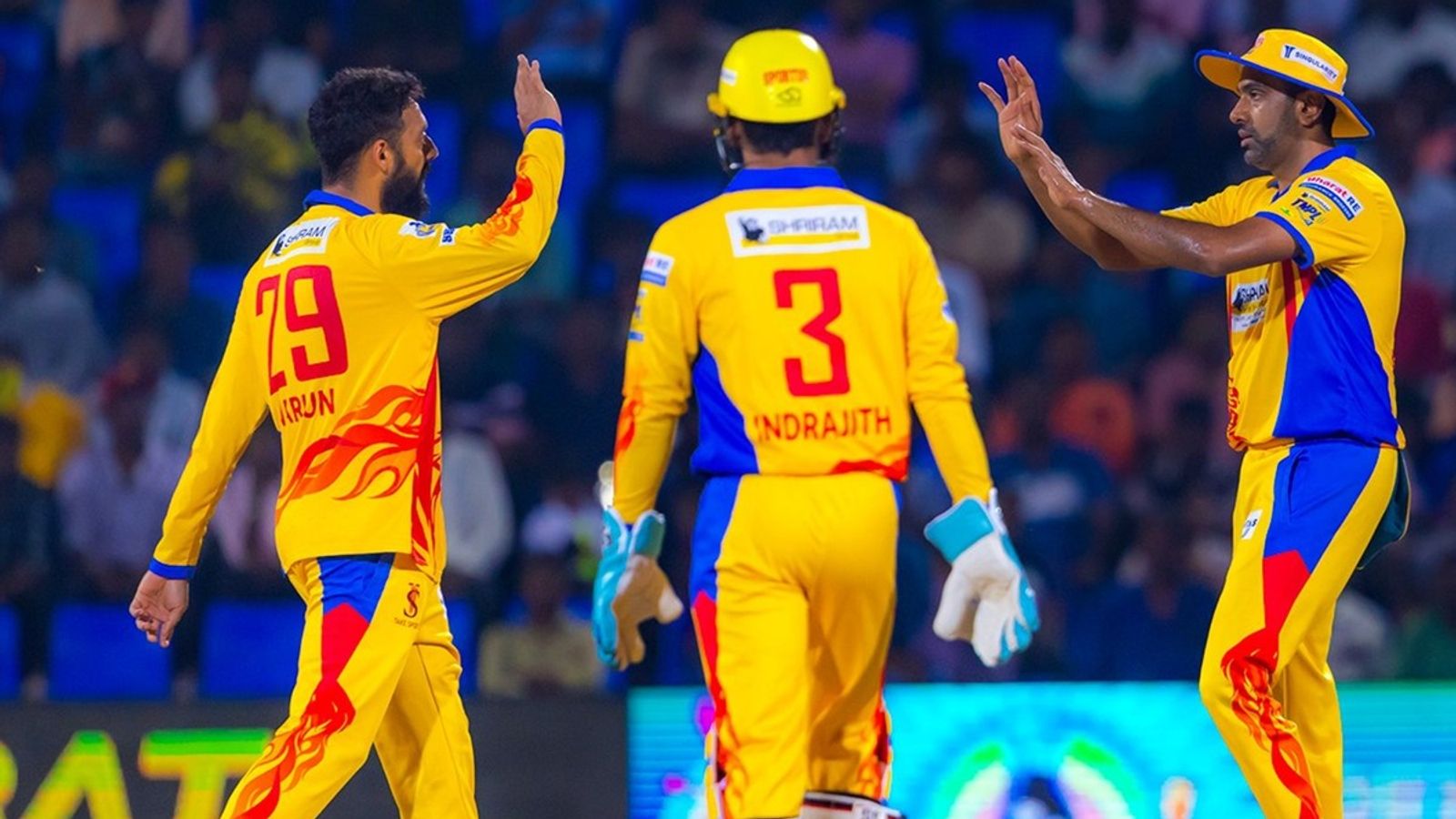 'Intention behind complaint was not to disrepute R Ashwin...': TNPL franchise Siechem Madurai Panthers drop ball-tampering allegations against Dindigul Dragons Varun Chakravarthy celebrates a wicket with Baba Indrajith and captain R Ashwin in TNPL 2025 game.