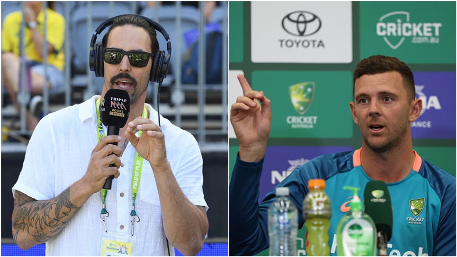 'I just thought the best place to bowl was India': Josh Hazlewood's answer to Mitchell Johnson criticising him for playing in IPL 2025 ahead of WTC final Former Australia pacer-turned-comentator Mitchell Johnson; Josh Hazlewood speaks at a press conference.