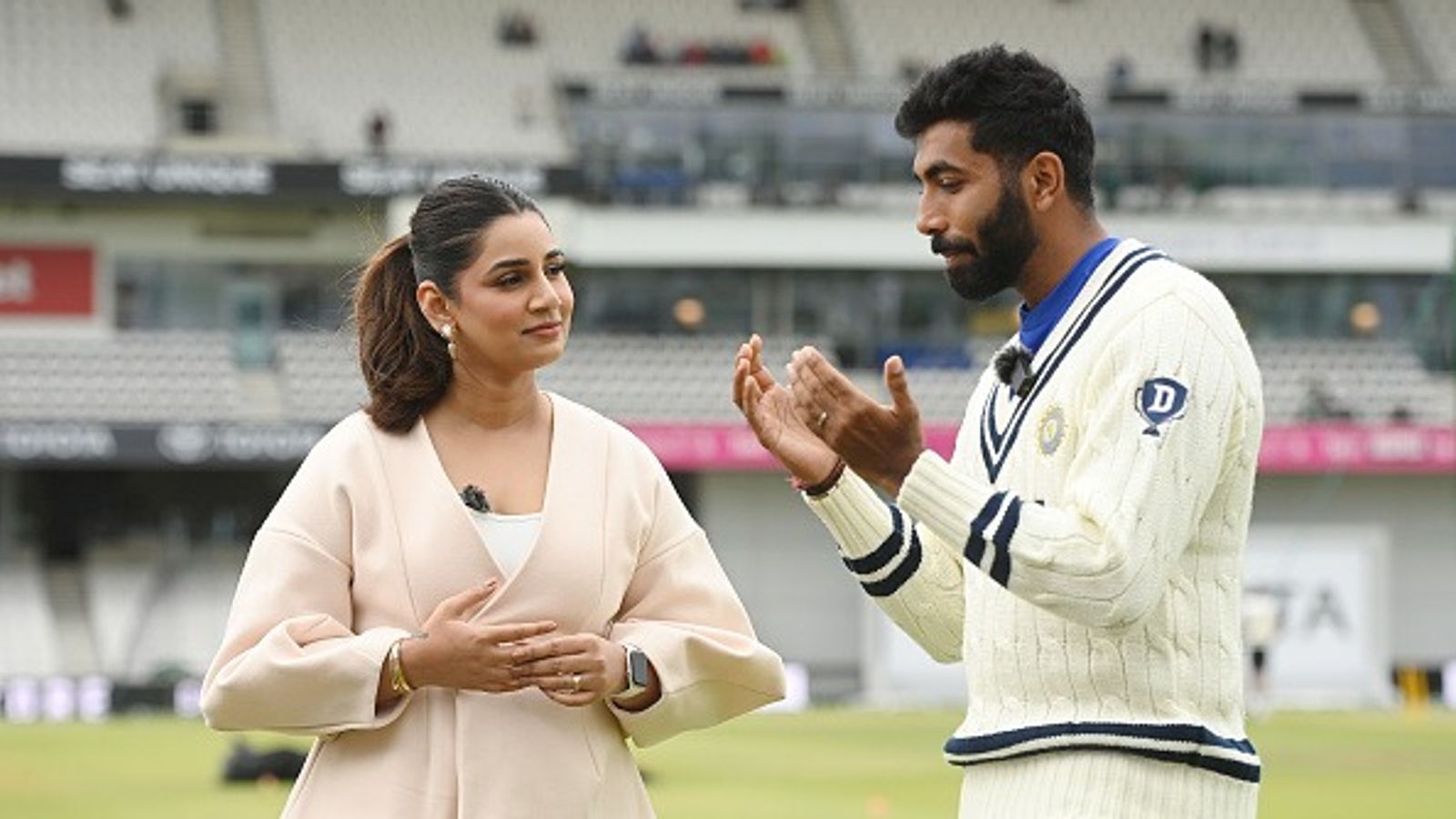 'Jasprit, please play all five Tests': Sanjana Ganesan's request to husband Bumrah goes viral, WATCH VIDEO Sanjana Ganesan working for Sony interviews Jasprit Bumrah of India before day four of the 1st Rothesay Test Match between England and India at Headingley on June 23, 2025 in Leeds, England.