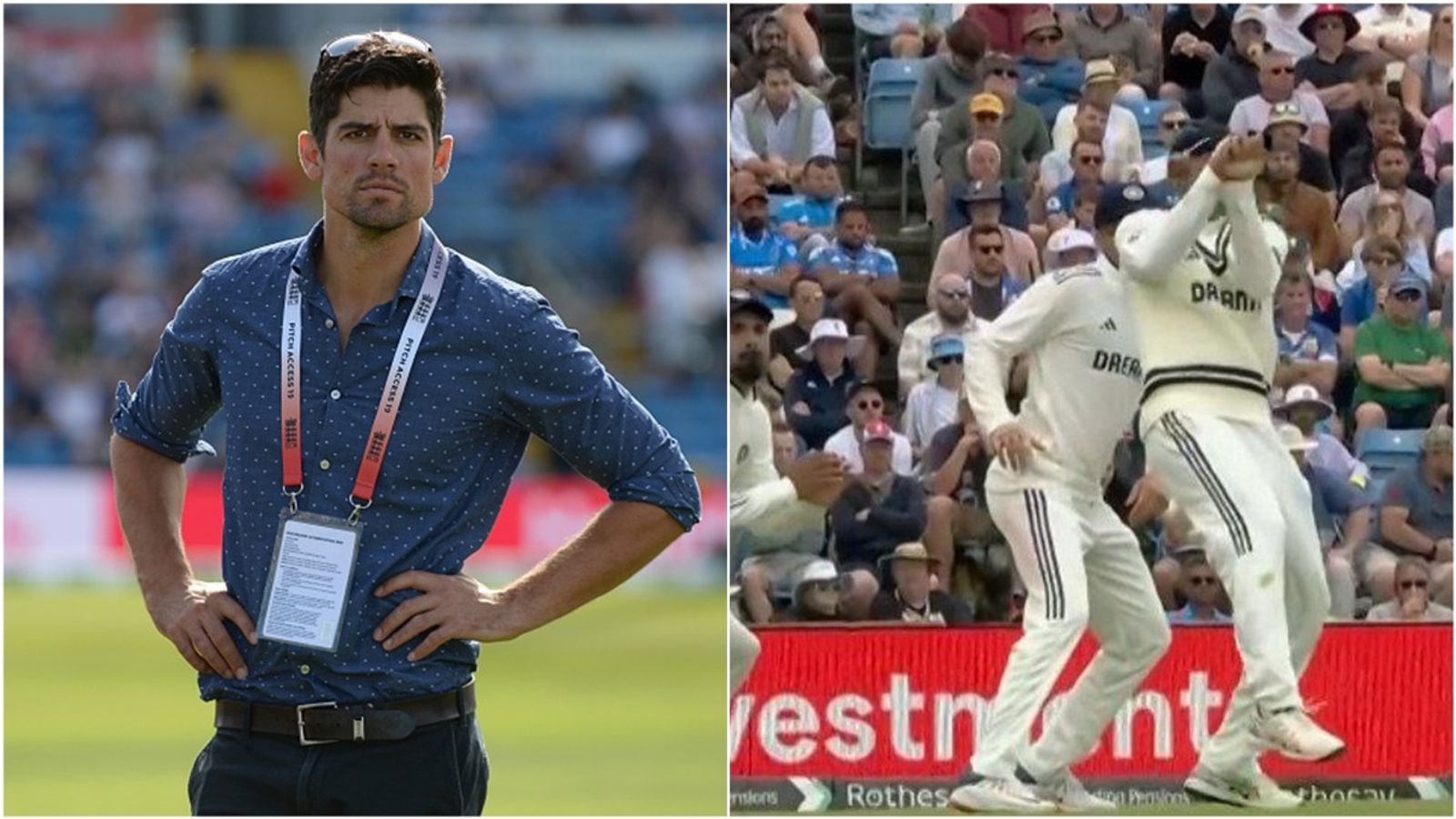 Ex-England captain Alastair Cook blames Headingley stadium's renovation for dropped catches, says 'if you look at the stands, there's a black line...' Former England Test captain Alastair Cook; Yashasvi Jaiswal drops a catch in slip cordon.