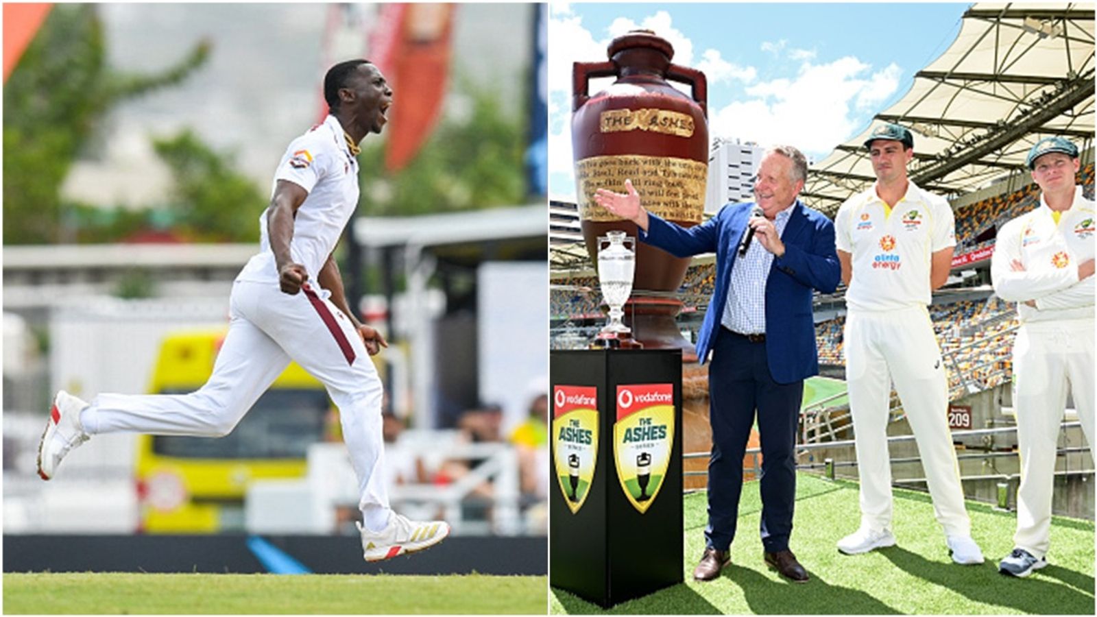 Days after Australia legend's 'you've delivered crap all year' comment, West Indies' Gabba hero decimates Aussie top order with 4-fer in opening Test Shamar Joseph celebrates a wicket in 1st Test of the series against Australia; Ian Healy speaks in presence of Pat Cummins and Steve Smith.