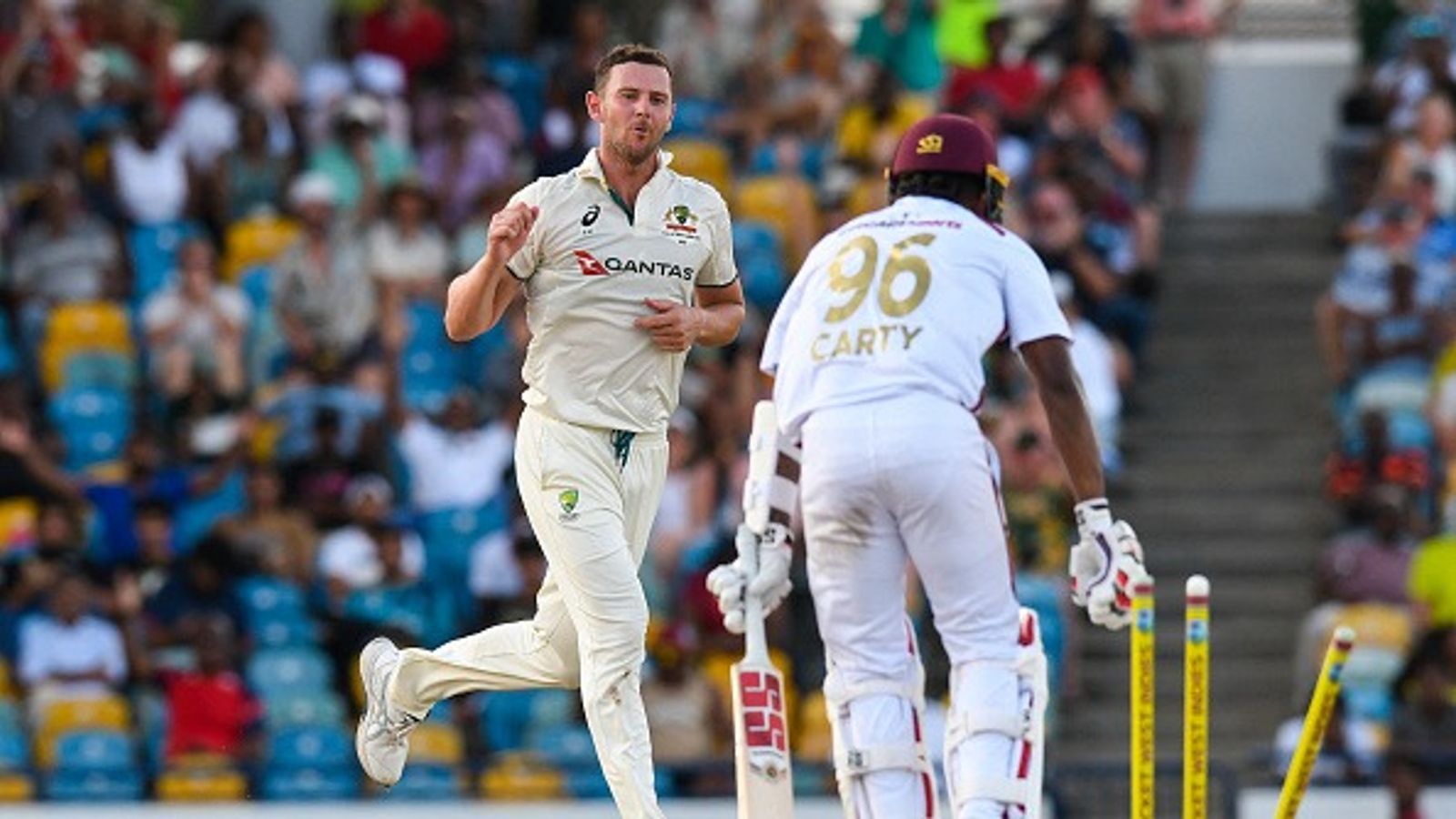 WI vs AUS: Josh Hazlewood takes fifer as Australia register 159-run win against West Indies in first Test, take 1-0 lead in three-match series Josh Hazlewood (L) of Australia celebrates the dismissal of Keacy Carty (R) of West Indies during the 3rd day of the 1st Test match between West Indies and Australia at Kensington Oval, Bridgetown, Barbados