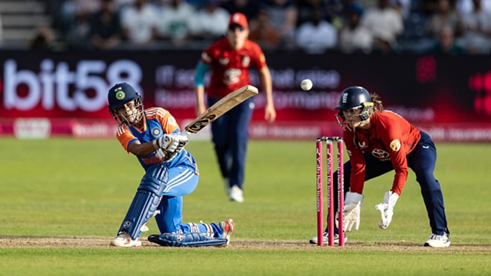 INDW vs ENGW: Amanjot Kaur, Jemimah Rodrigues' half-centuries help India beat England by 24 runs, take 2-0 lead in series Amanjot Kaur of India hits out during the 2nd T20I against England at Seat Unique Stadium on July 01, 2025 in Bristol, England.