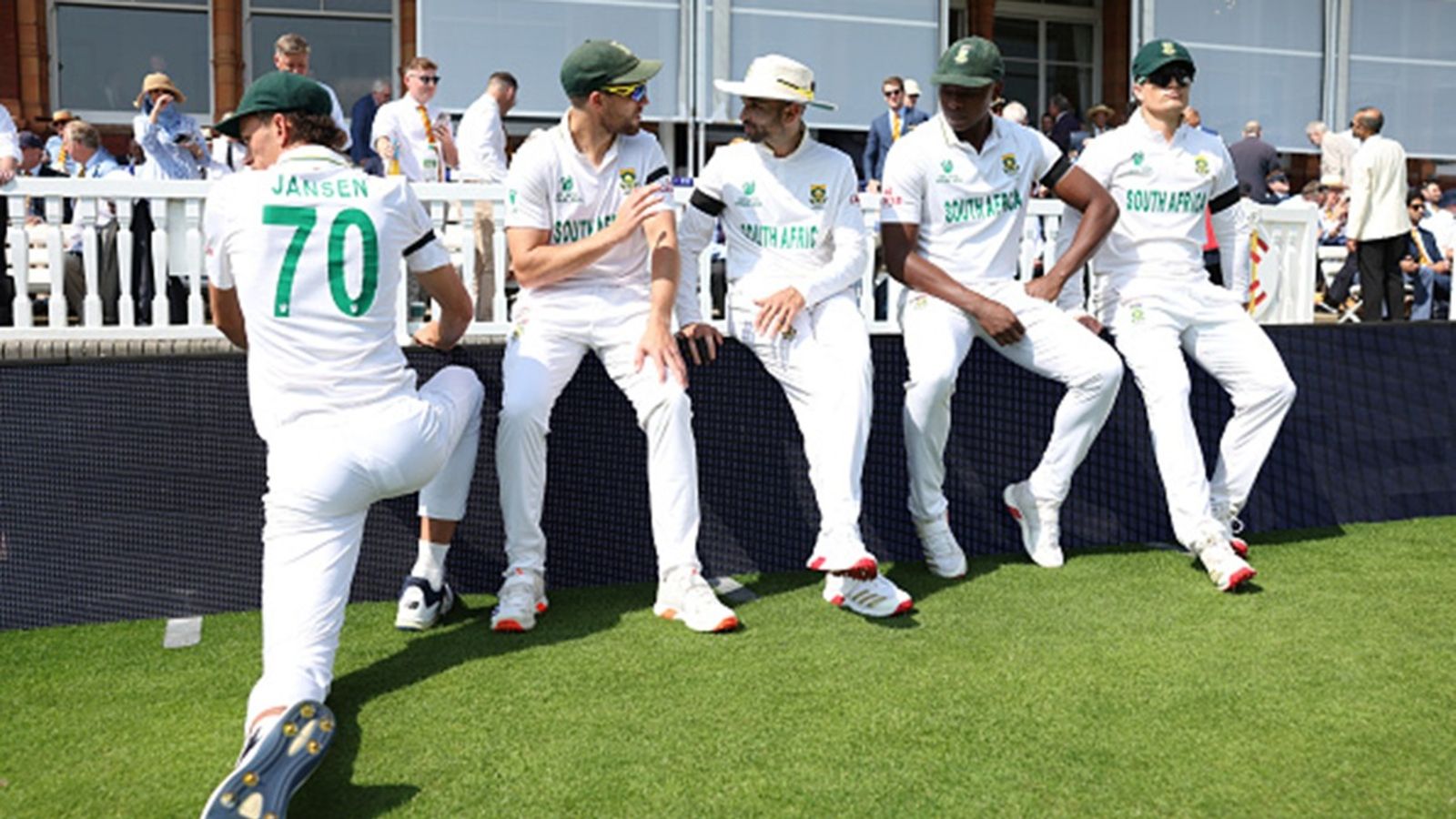 South Africa name new Test captain for 2nd Zimbabwe encounter as Keshav Maharaj ruled out due to groin strain Marco Jansen, Wiaan Mulder, Keshav Maharaj, Kagiso Rabada and Ryan Rickelton of South Africa sit on the advertising board ahead of play during day 3 of the ICC World Test Championship Final 2025.