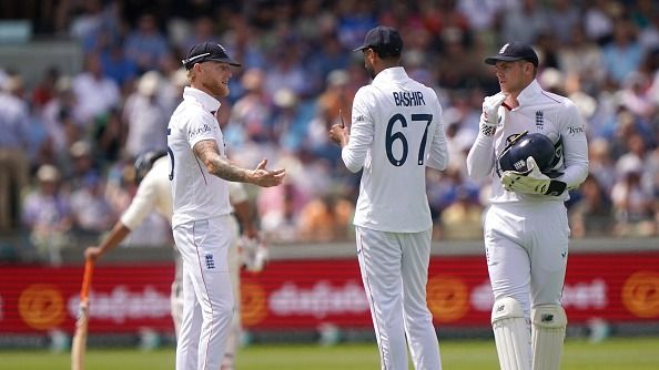 England's Ben Stokes (left), Shoaib Bashir (centre) and Jamie Smith talking on day two of the Second Rothesay Men's Test at Edgbaston, Birmingham.