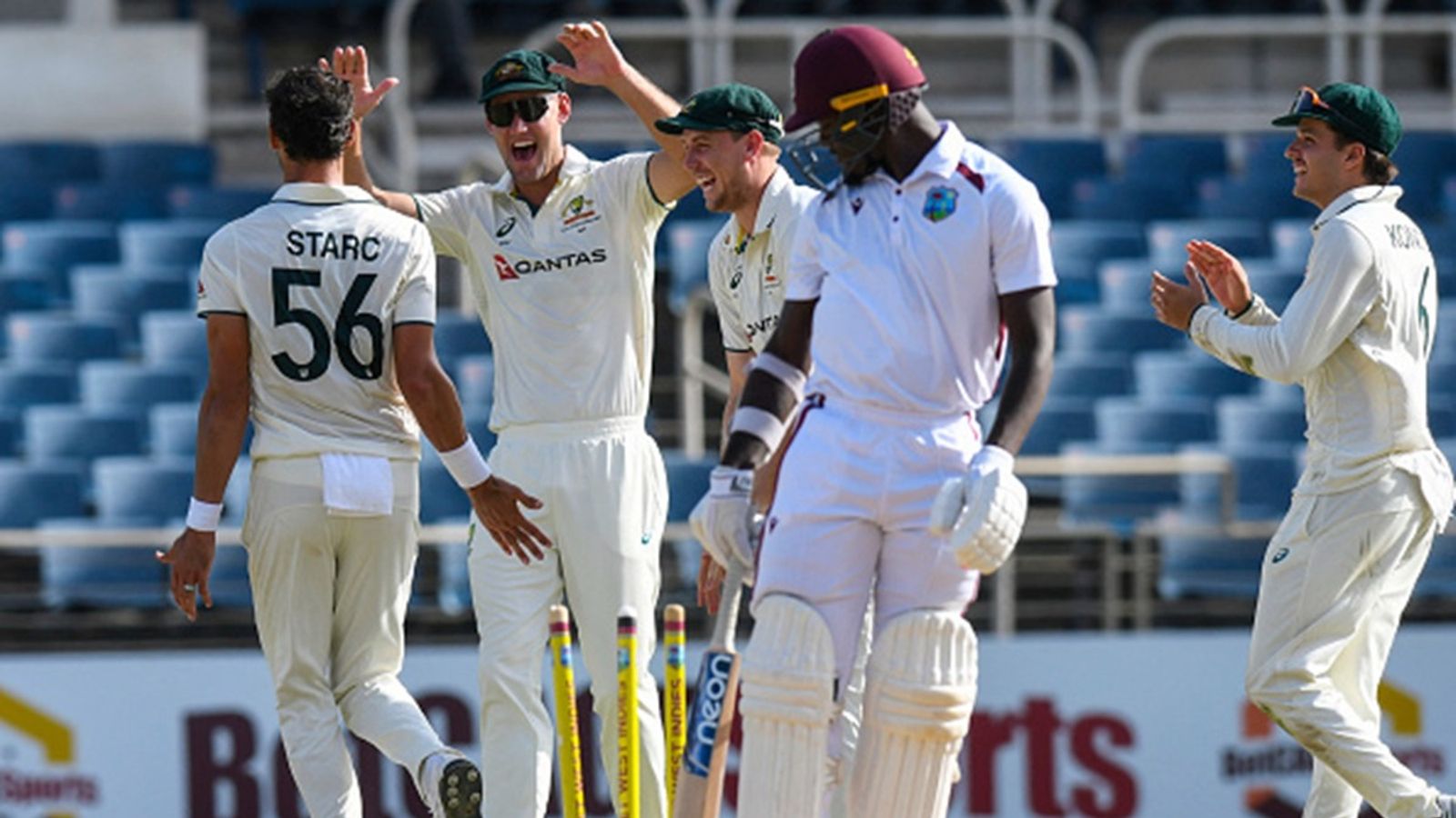 5-wicket haul in just 15 deliveries! Mitchell Starc becomes first bowler in 148-year Test history to achieve this feat (L/R) Mitchell Starc, Beau Webster, Cameron Green and Sam Konstas (R) of Australia celebrate the dismissal of Jayden Seales (2R) of West Indies during the third day of the third Test at Sabina Park in Kingston, Jamaica, on July 14, 2025.
