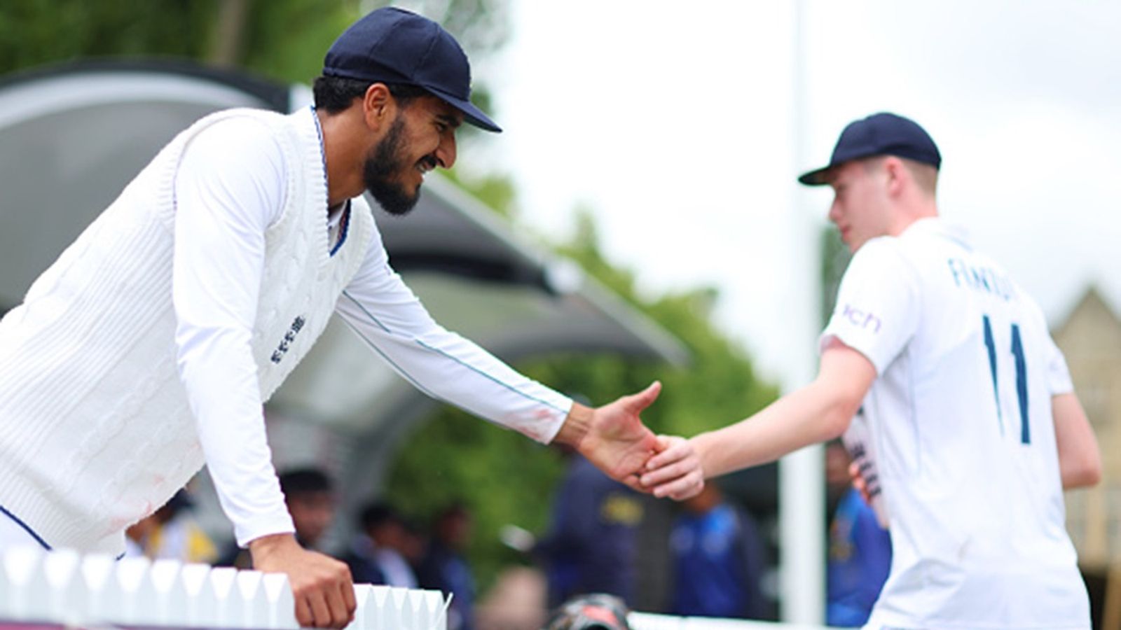 In Bazball era, England U19 settle for a draw in run chase of 350 against Ayush Mhatre-led India U-19 despite captain's century and wicketkeeper's 35-ball 50 Hamza Shaikh, captain of England U-19 taps hands with team-mate Rocky Flintoff as they prepare to take to the field after a rain delay. (Photo by Dan Istitene/Getty Images)