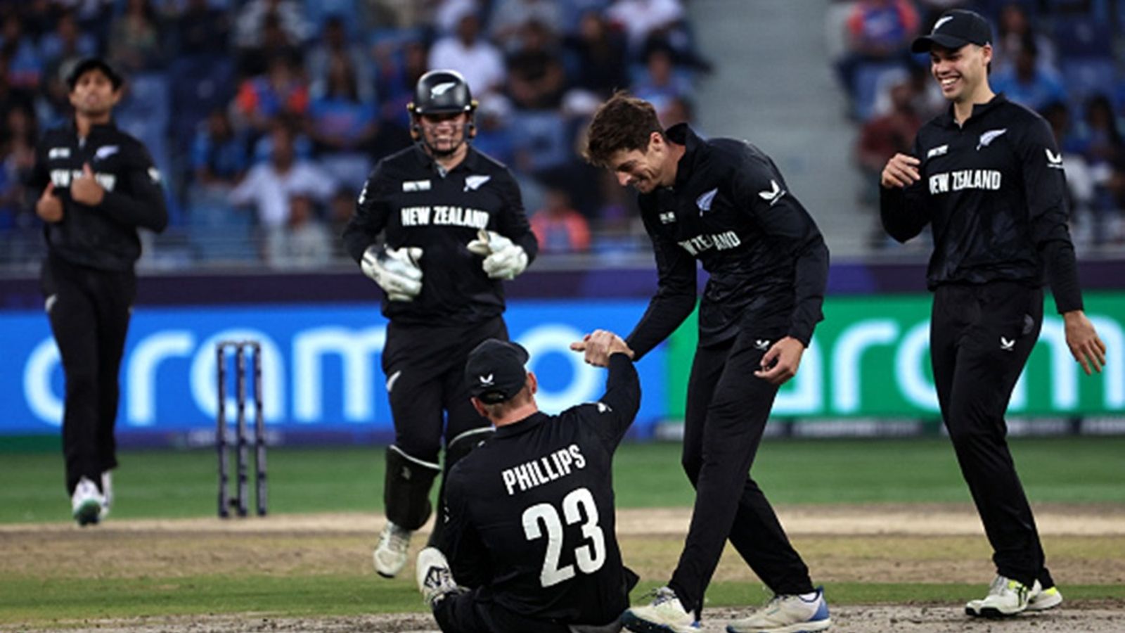 Huge blow to New Zealand, star player ruled out of tri-series involving South Africa and Zimbabwe New Zealand's Glenn Phillips celebrates with teammates after taking the catch to dismiss India's Shubman Gill during the ICC Champions Trophy ODI final against India at the Dubai International Stadium in Dubai on March 9, 2025.