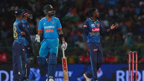 India's batting superstar Virat Kohli (C) shows his disappointment during an ODI match against Sri Lanka