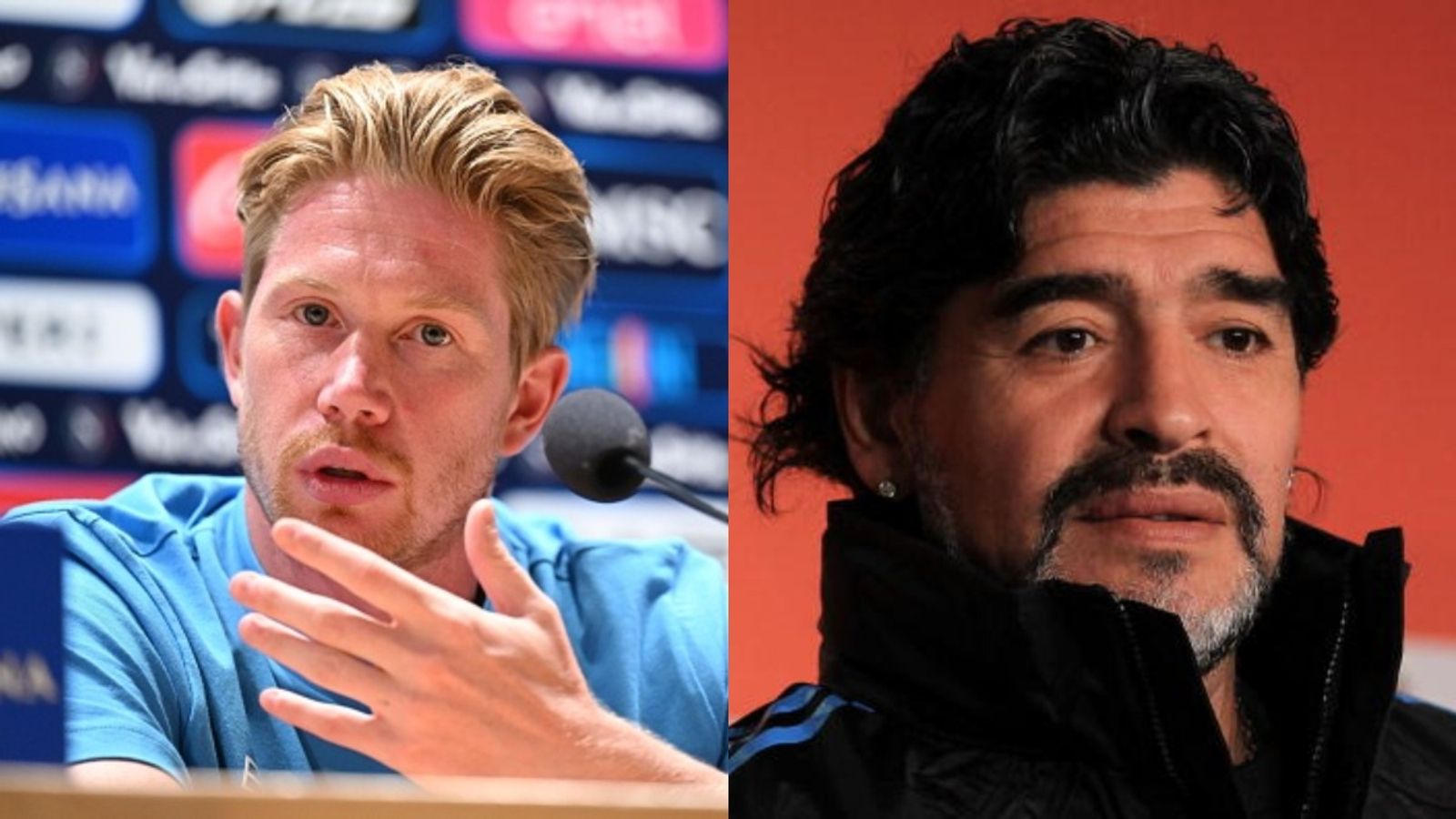Kevin De Bruyne reacts after wearing Diego Maradona’s legendary no. 10 at Napoli training Kevin De Bruyne and Diego Maradona in the frame (Images via Getty)