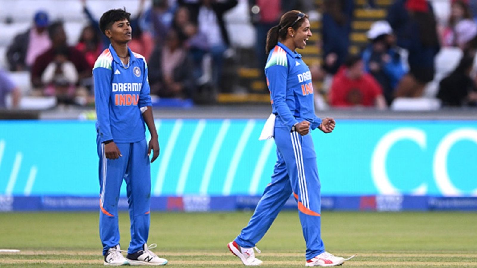 INDW vs ENGW: Harmanpreet Kaur's blazing century, Kranti Goud's record six-fer helps India win decider by 13 runs clinch series 2-1 India bowler Kranti Goud celebrates the last wicket with captain Harmanpreet Kaur during the 3rd ODI match between England and India at Banks Homes Riverside on July 22, 2025 in Chester-le-Street, England.