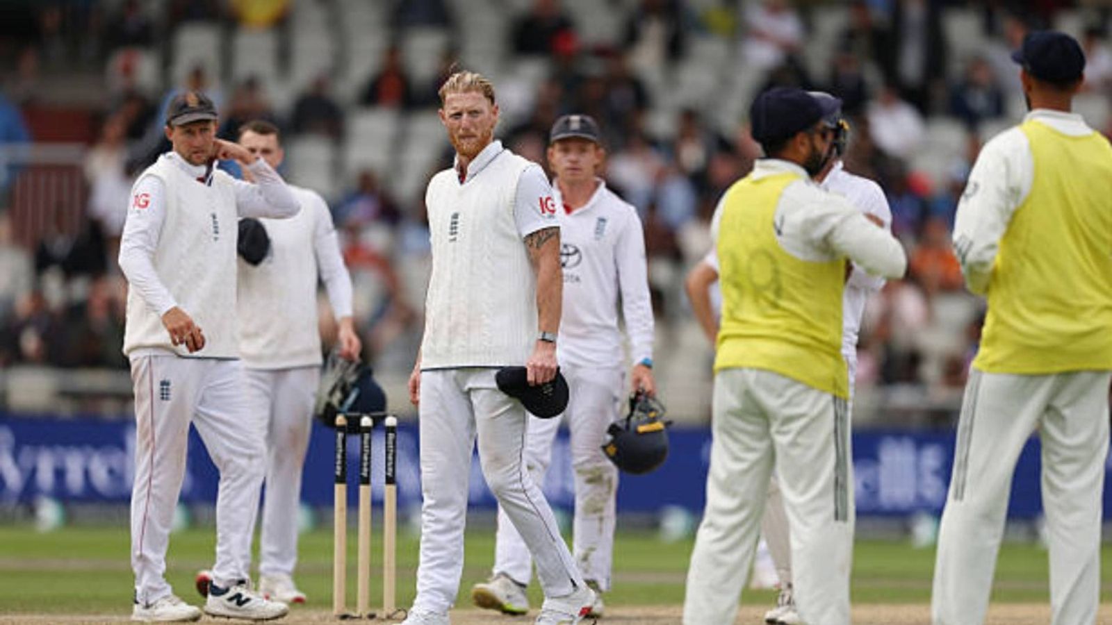 'Harry Brook's 37mph ball will be forgotten...': England great slams Ben Stokes & Co. for 'frustrated' act against India in Manchester Test Ben Stokes of England reacts as he offers a draw which isn't taken by India during Day Five of the 4th Rothesay Test Match between England and India at Emirates Old Trafford