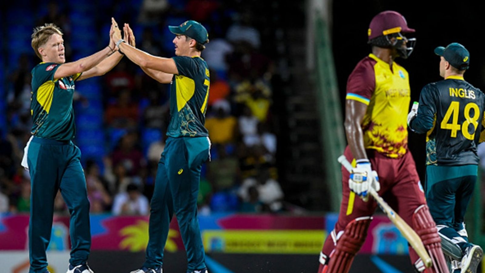 Australia make it 8-0 on West Indies tour, win final T20I by 3 wickets to leave hosts demoralised Nathan Ellis (L) and Sean Abbott (2L) of Australia celebrate the dismissal of Romario Shepherd (R) of West Indies during the fifth and final T20I of the series at Warner Park Sporting Complex in Basseterre, Saint Kitts and Nevis, on July 28, 2025.