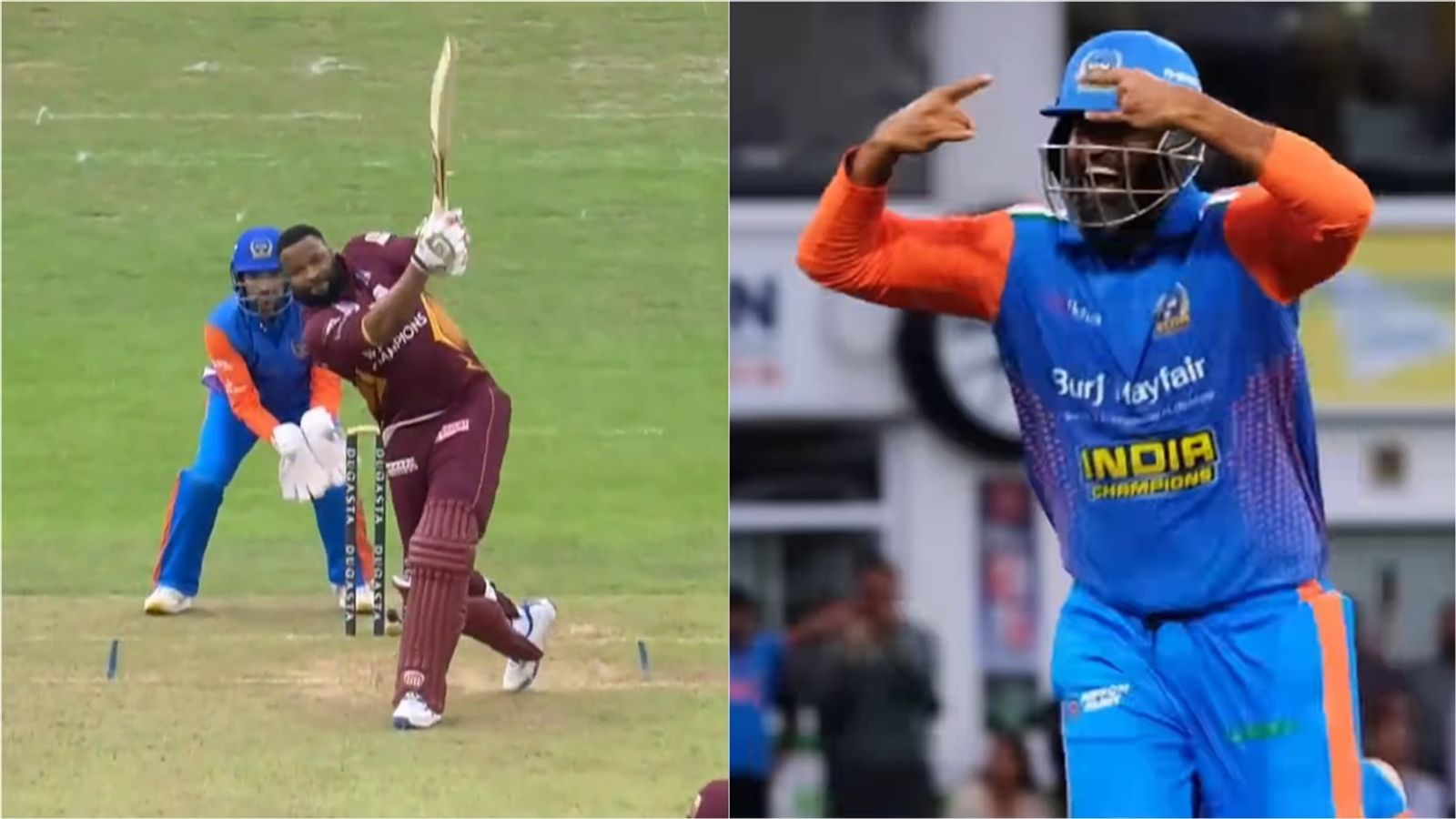 Pollard's 43-ball 74 in vain as India chase down 145 in 13.2 overs to set up controversial WCL 2025 semifinal against Pakistan Kieron Pollard hits a big six; Yusuf Pathan celebrates India Champions' win against West Indies Champions.