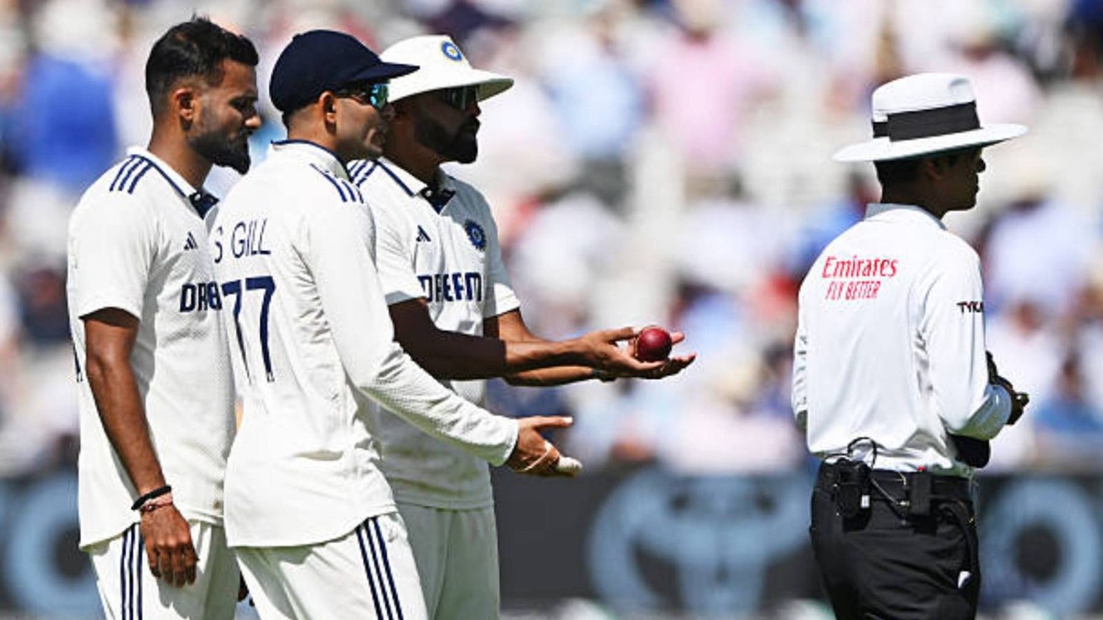 Team India approaches ICC over Dukes ball controversy in Lord's Test? Report makes huge claim Shubman Gill, Akash Deep and Mohammed Siraj all of India talk with Umpire Sharfuddoula about an issue with the ball during Day One of the 3rd Rothesay Test Match between England and India at Lord's Cricket Ground