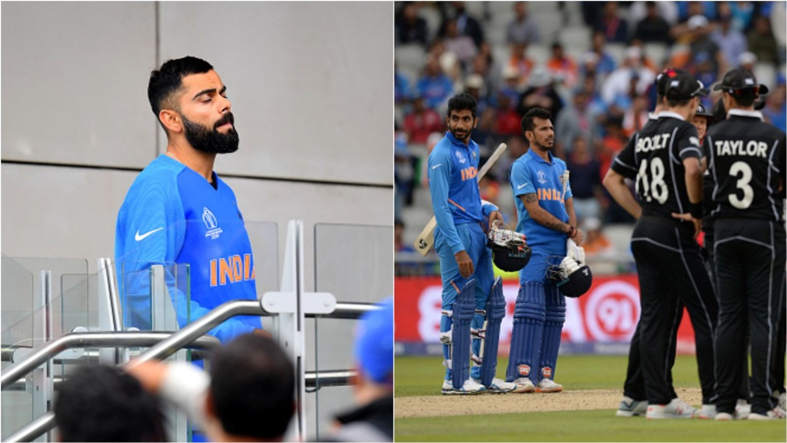 'I saw him crying in the bathroom': Yuzvendra Chahal reveals Virat Kohli was teary-eyed as tailender walked in to bat in World Cup 2019 semifinal Virat Kohli disappointed after India's defeat in the ODI World Cup 2019; Jasprit Bumrah and Yuzvendra Chahal wait for the third umpire's dismissal.