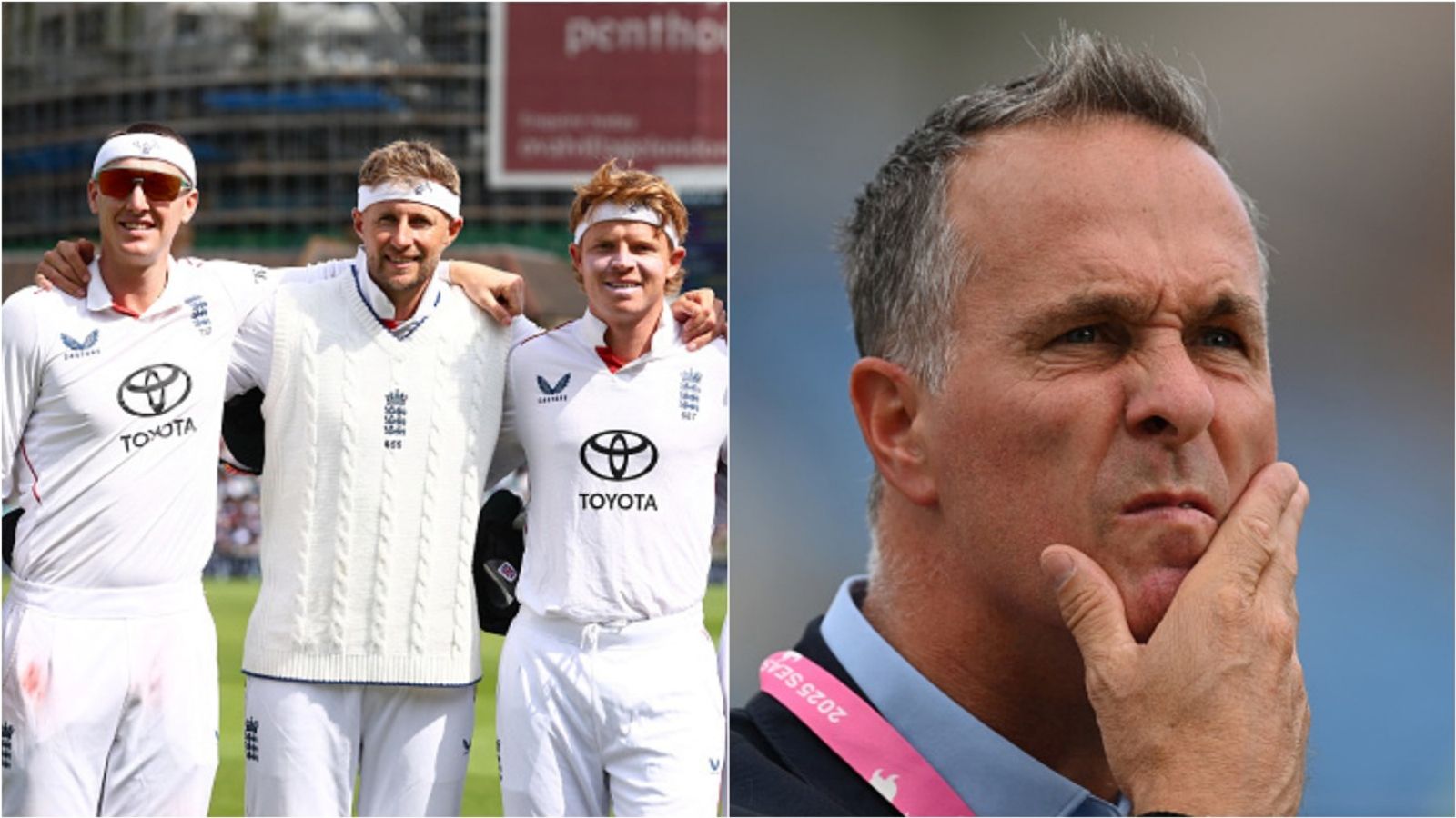 'Sometimes vice-captains aren't brilliant captains': Michael Vaughan wants this player to lead England instead of Ollie Pope in Ben Stokes' absence Harry Brook, Joe Root, Ollie Pope pose for a photo; Former England captain-turned-commentator Michael Vaughan.