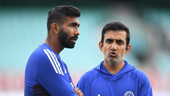 Jasprit Bumrah and Gautam Gambhir (R) of India talk before a nets session before the fifth Test match against England at The Kia Oval on July 30, 2025 in London, England.