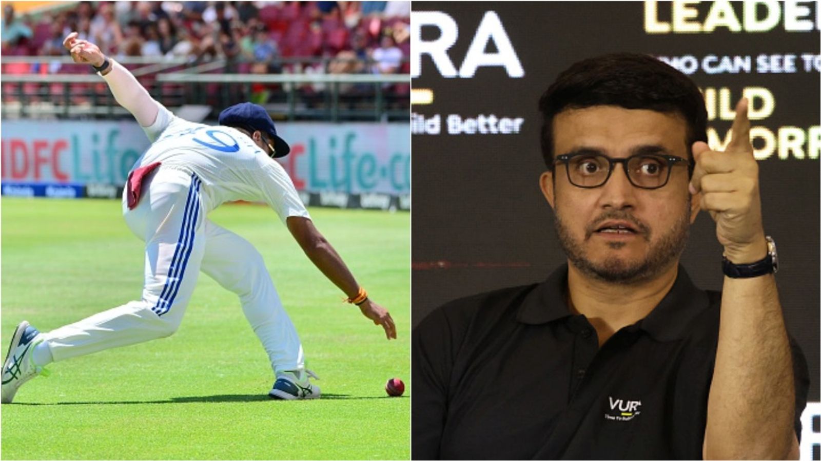 Exclusive | 'His time will come, just needs to...': Sourav Ganguly feels this bowler 'deserves a chance' to make Test comeback India pacer Mukesh Kumar stops the ball near the boundary; Former India captain Sourav Ganguly speaks at an event.