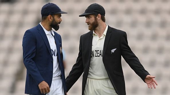 Virat Kohli of India and Kane Williamson of New Zealand talk after the toss before Day 2 of the ICC World Test Championship Final between India and New Zealand
