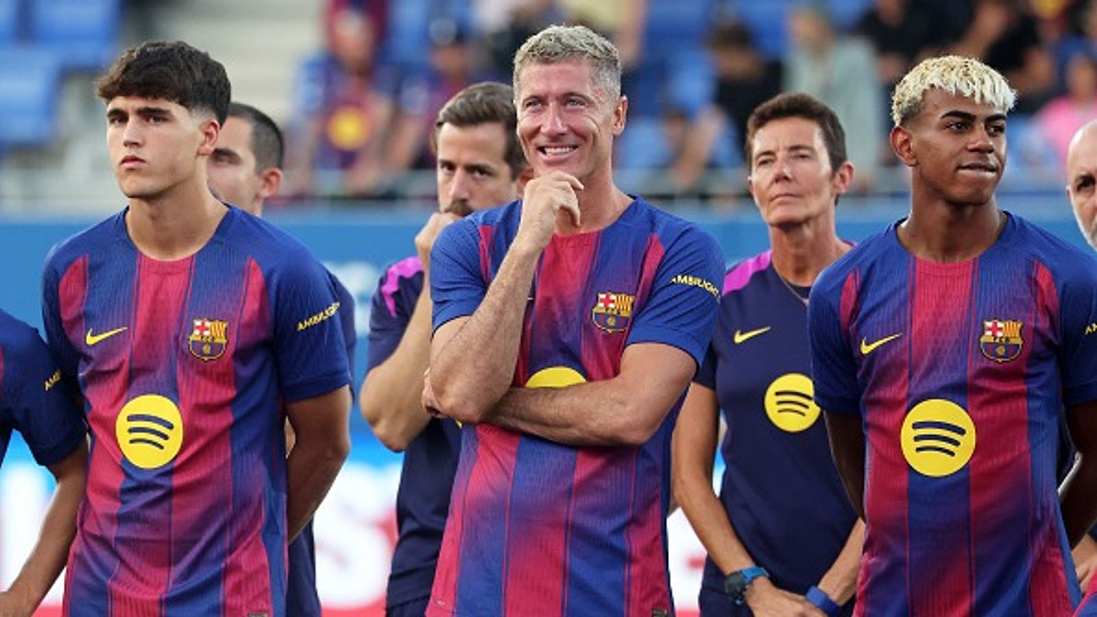 LaLiga plans to host Barcelona vs Villarreal in the United States Pau Cubarsi (L) Robert Lewandowski (C) and, Lamine Yamal (R).