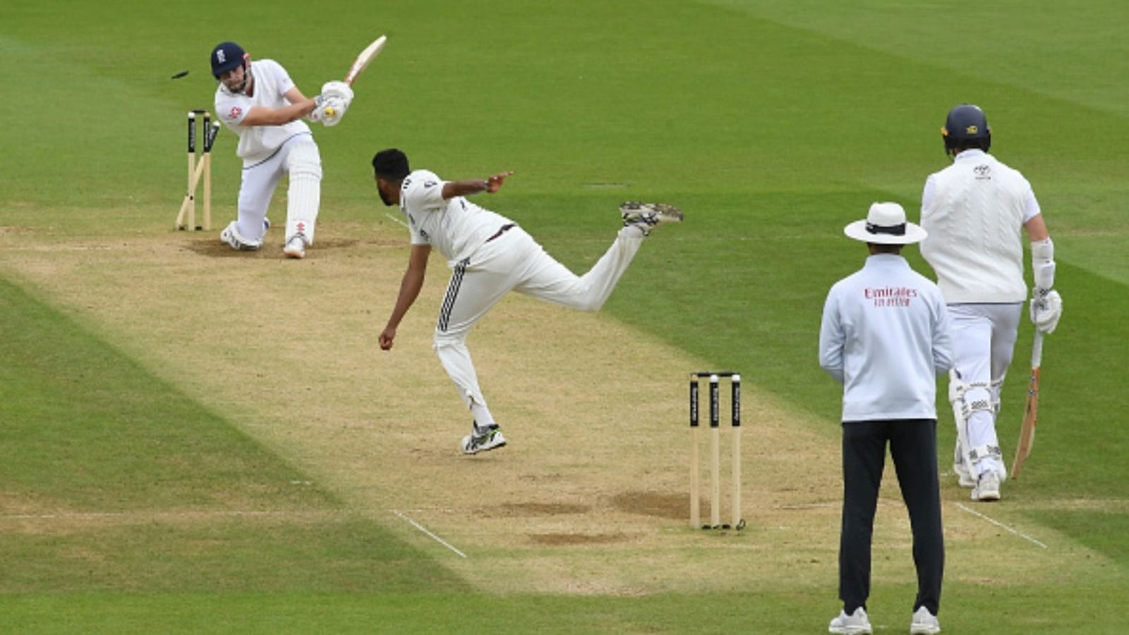 'So lucky to witness this ball from...': ICC Umpire Kumar Dharmasena posts special message for Mohammed Siraj's delivery to end series Gus Atkinson of England is bowled by Mohammed Siraj as Chris Woakes (R) looks on as India won the fifth Test at The Oval on August 4, 2025 in London, England.